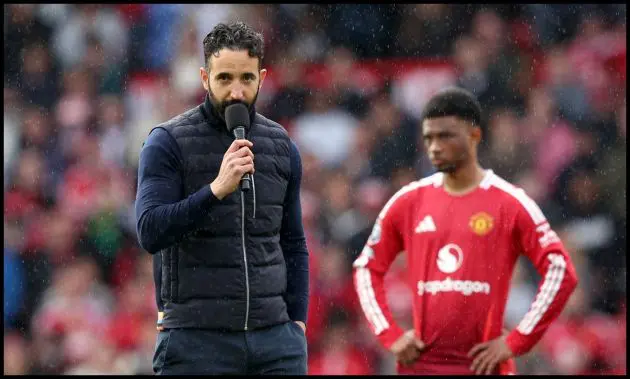 Ruben Amorim holds a microphone to speak to Old Trafford crowd.
