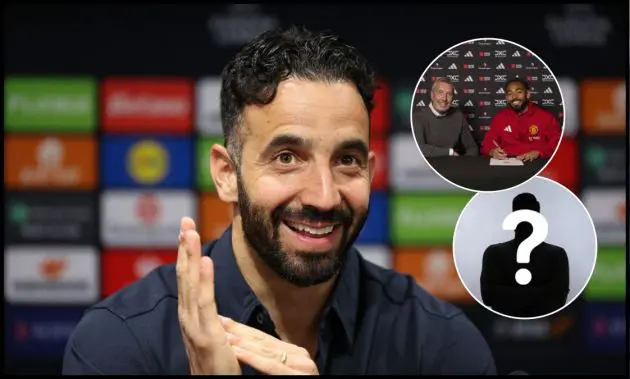 Ruben Amorim smiles during a press conference at Carrington.