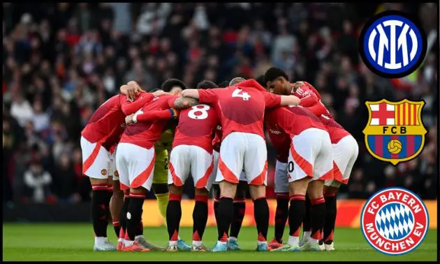 Manchester United players huddle ahead of kick-off at Old Trafford.