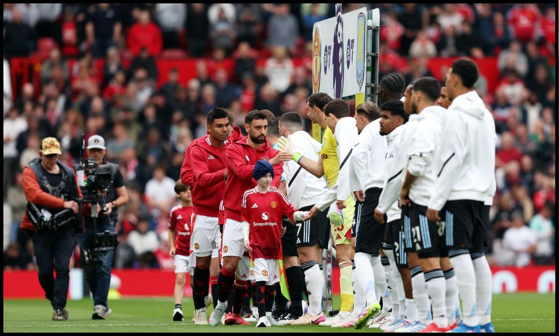 Bruno Fernandes leads Man United’s line of players as they exchange handshakes with the Aston Villa squad.