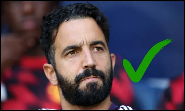 Ruben Amorim looks on next to a green tick mark.