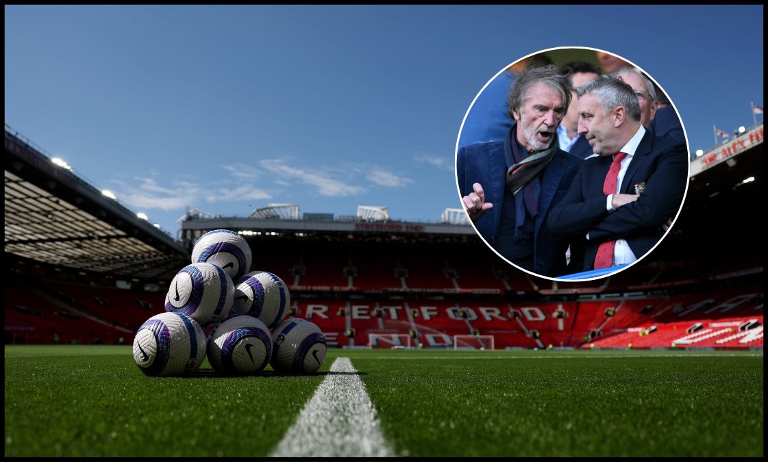 Nike balls are piled on the Old Trafford pitch before release.