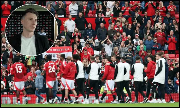 Man United players acknowledge the fans at Old Trafford on the final day of the league season.