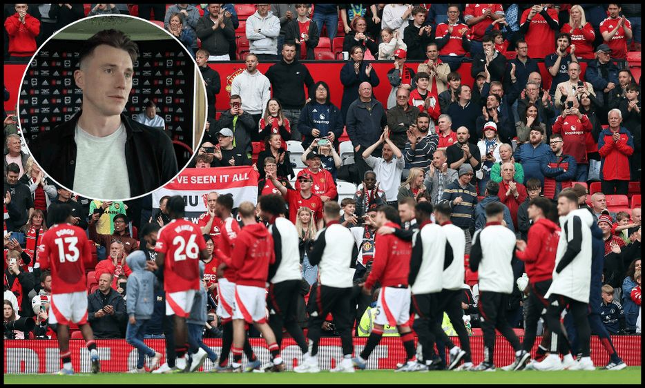 Man United players acknowledge the fans at Old Trafford on the final day of the league season.