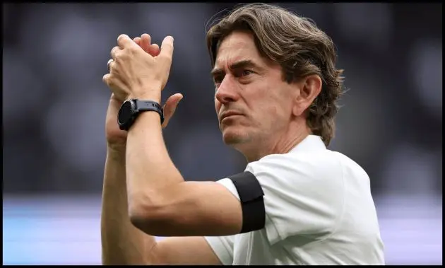 Thomas Frank applauds the Spurs fans after their win over Burnley.