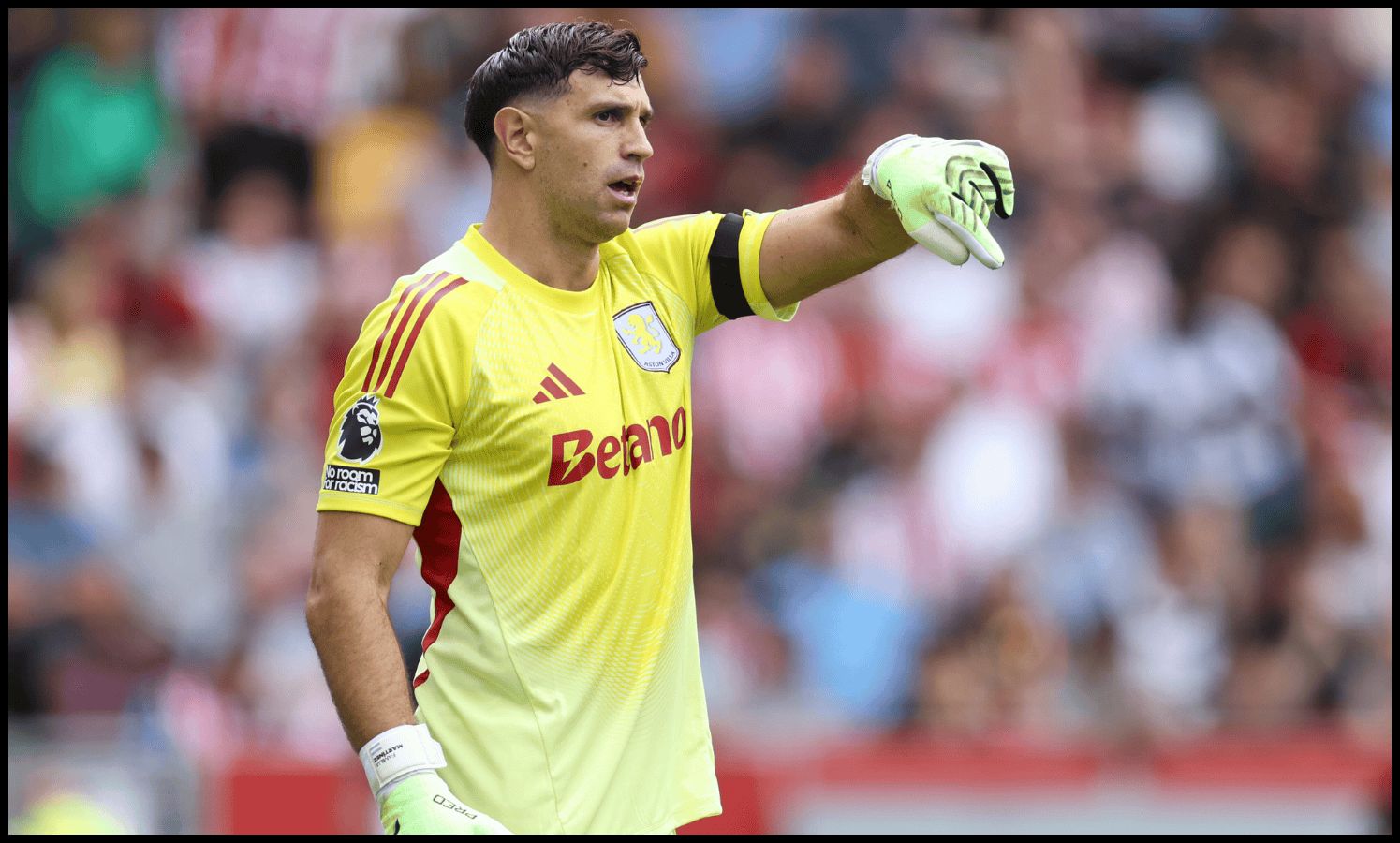 Emiliano Martinez in action for Aston Villa vs Brentford.