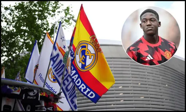 Flags are on display outside the Santiago Bernabeu Stadium.