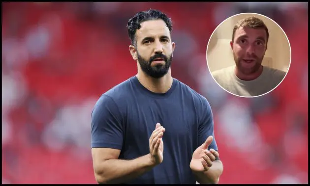 Ruben Amorim applauds the Man United fans at full-time vs Arsenal.