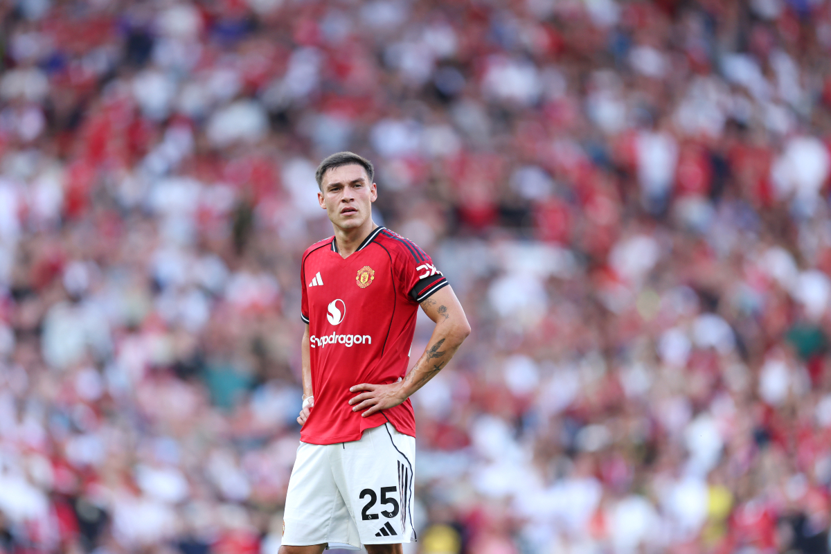 Manuel Ugarte looks on while in action for Man United.