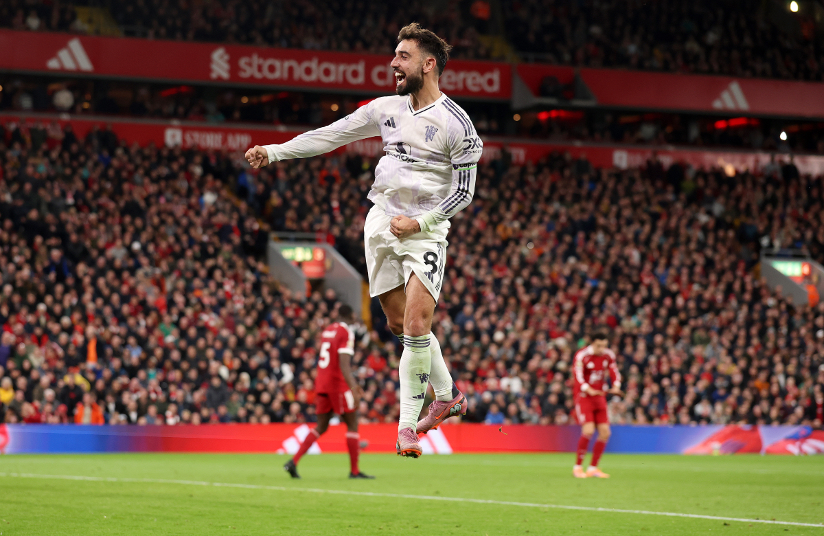 Bruno Fernandes celebrates after Man United’s win over Liverpool.