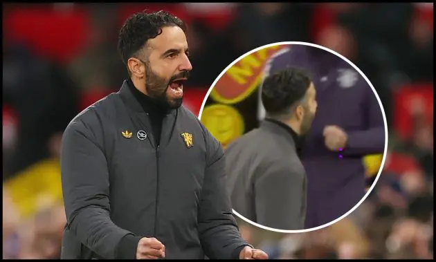 Ruben Amorim pumps his fists in celebration next to a picture of himself.