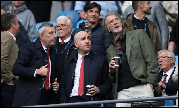 Sir Jim Ratcliffe, Omar Berrada abd Jason Wilcox watch Man City vs Man United at the Etihad.
