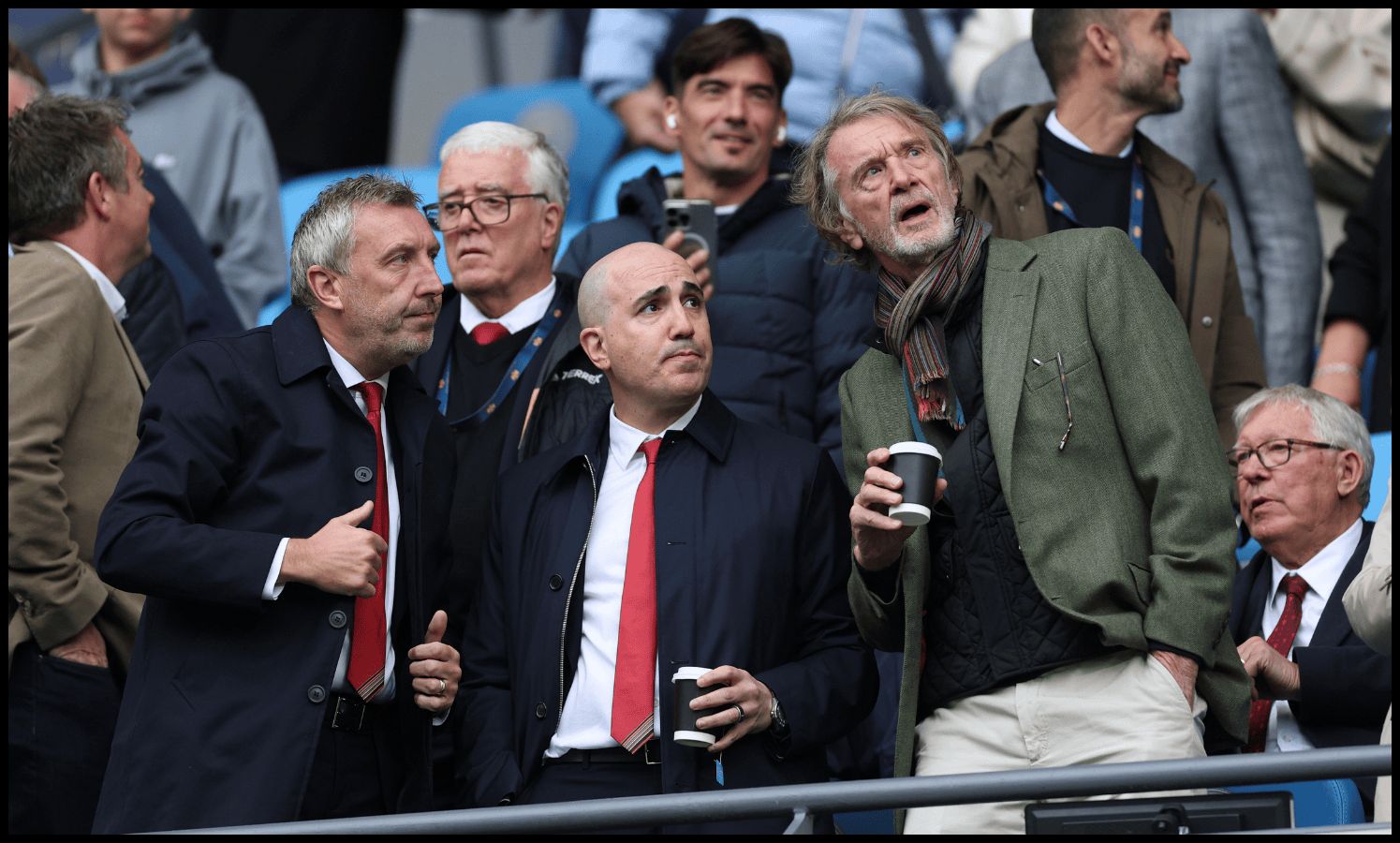 Sir Jim Ratcliffe, Omar Berrada abd Jason Wilcox watch Man City vs Man United at the Etihad.
