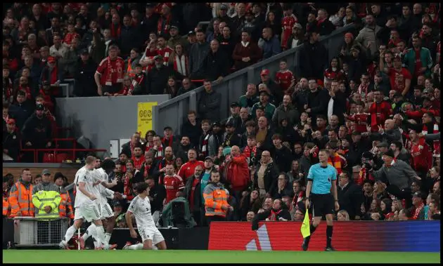 Harry Maguire celebrates after scoring the winning goal at Anfield.