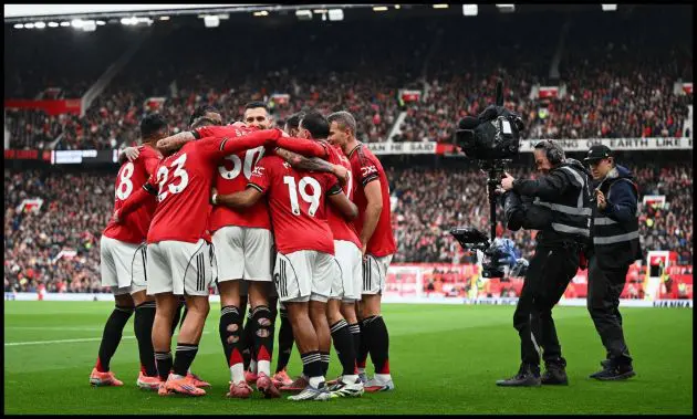 Man United players celebrate at Old Trafford.