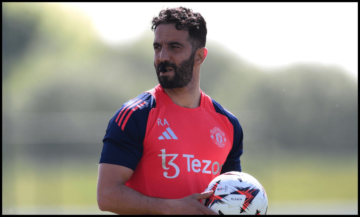 Ruben Amorim looks on while leading a Man United training session.