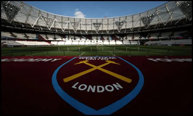 A general view of the pitchside West Ham logo at the London Stadium.
