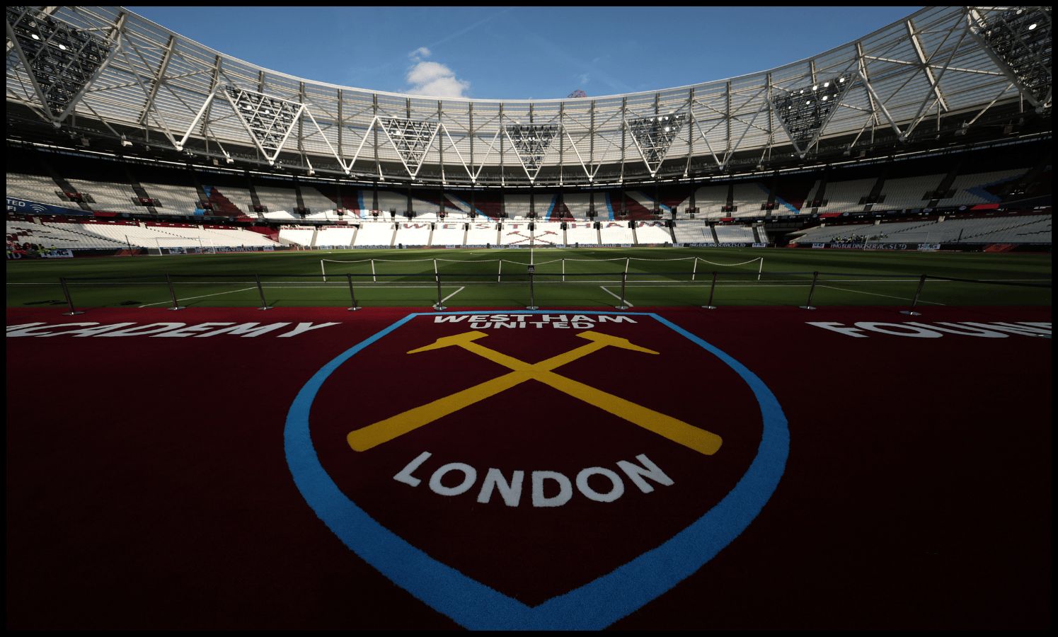 A general view of the pitchside West Ham logo at the London Stadium.