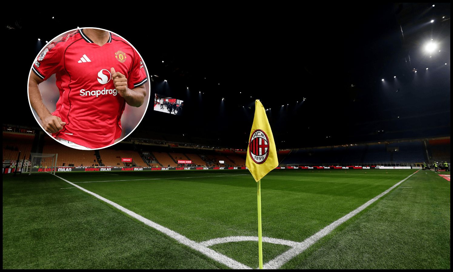 A view of the AC Milan badge on display on a corner flag in the San Siro stadium.