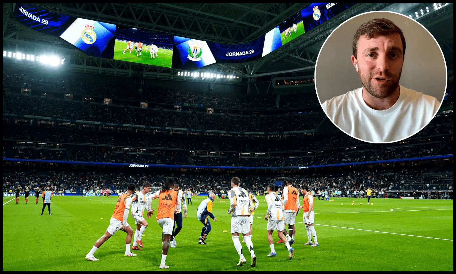 Real Madrid players warm up ahead of kick-off at the Bernabeu.
