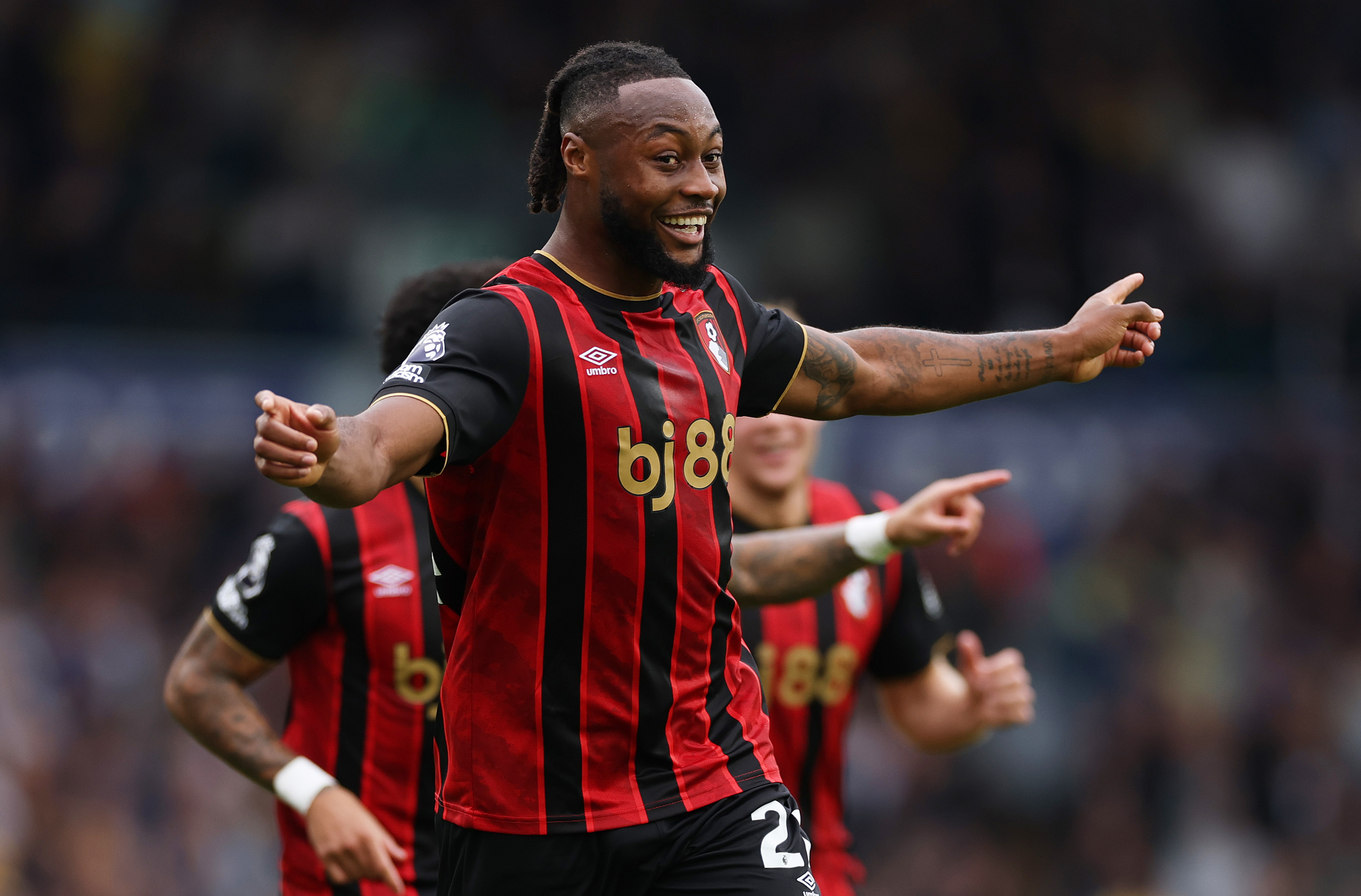 Antoine Semenyo celebrates scoring against Leeds United.