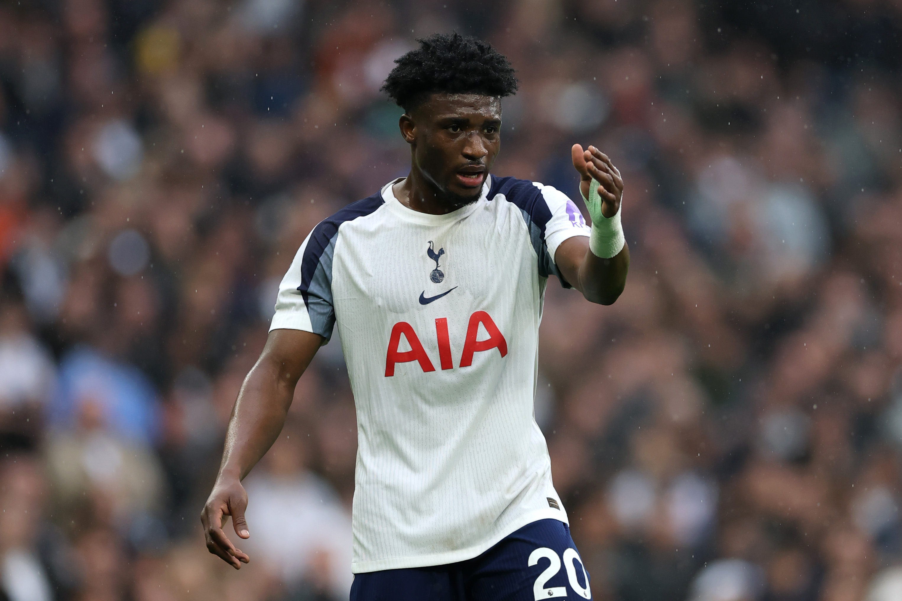 Mohammed Kudus gestures while in action for Tottenham.