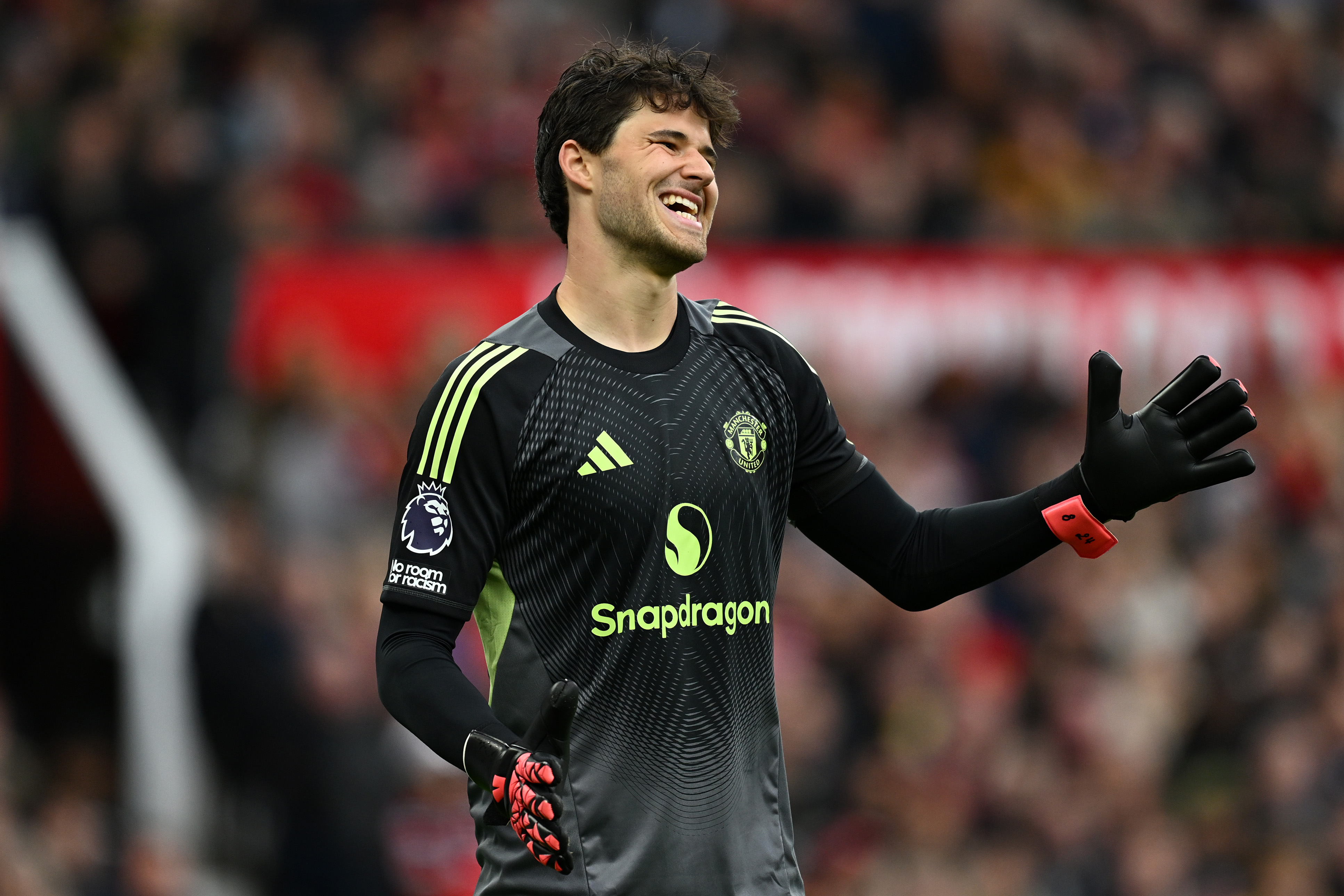 Senne Lammens reacts while in action for Man United at Old Trafford.