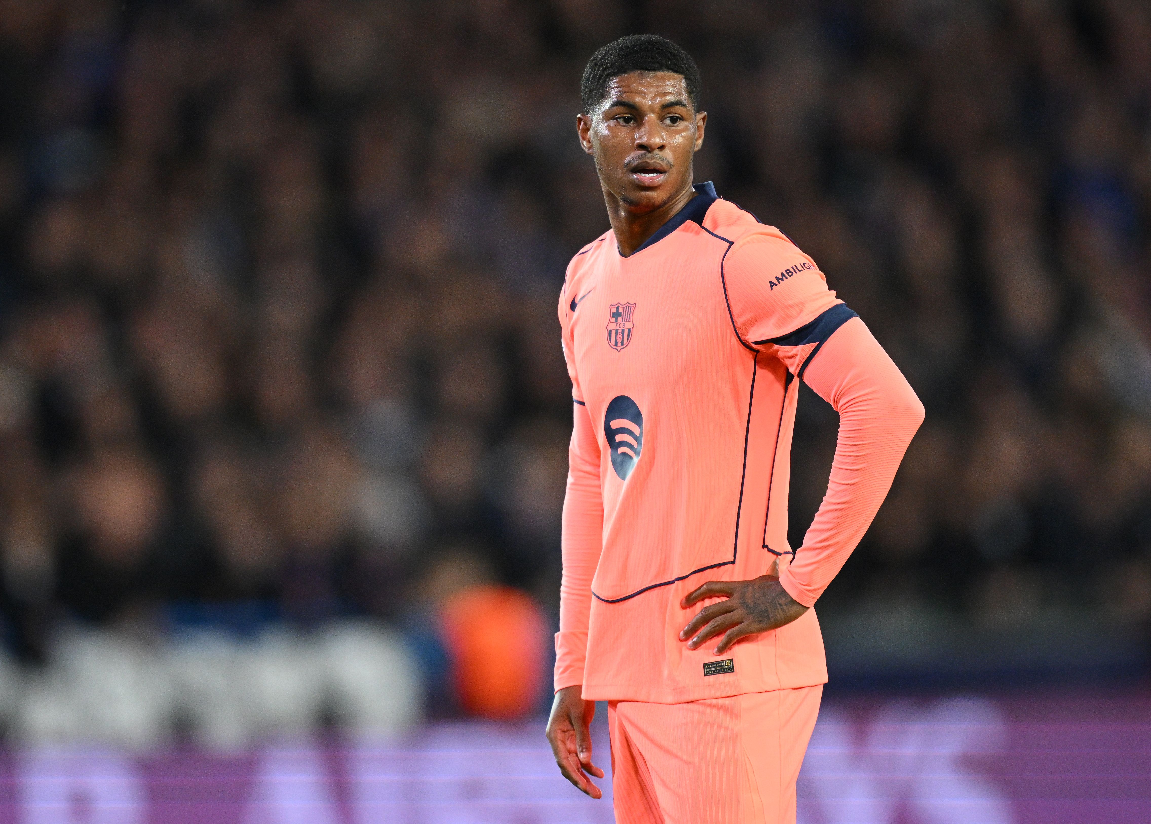 Marcus Rashford looks on while in action for Barcelona/