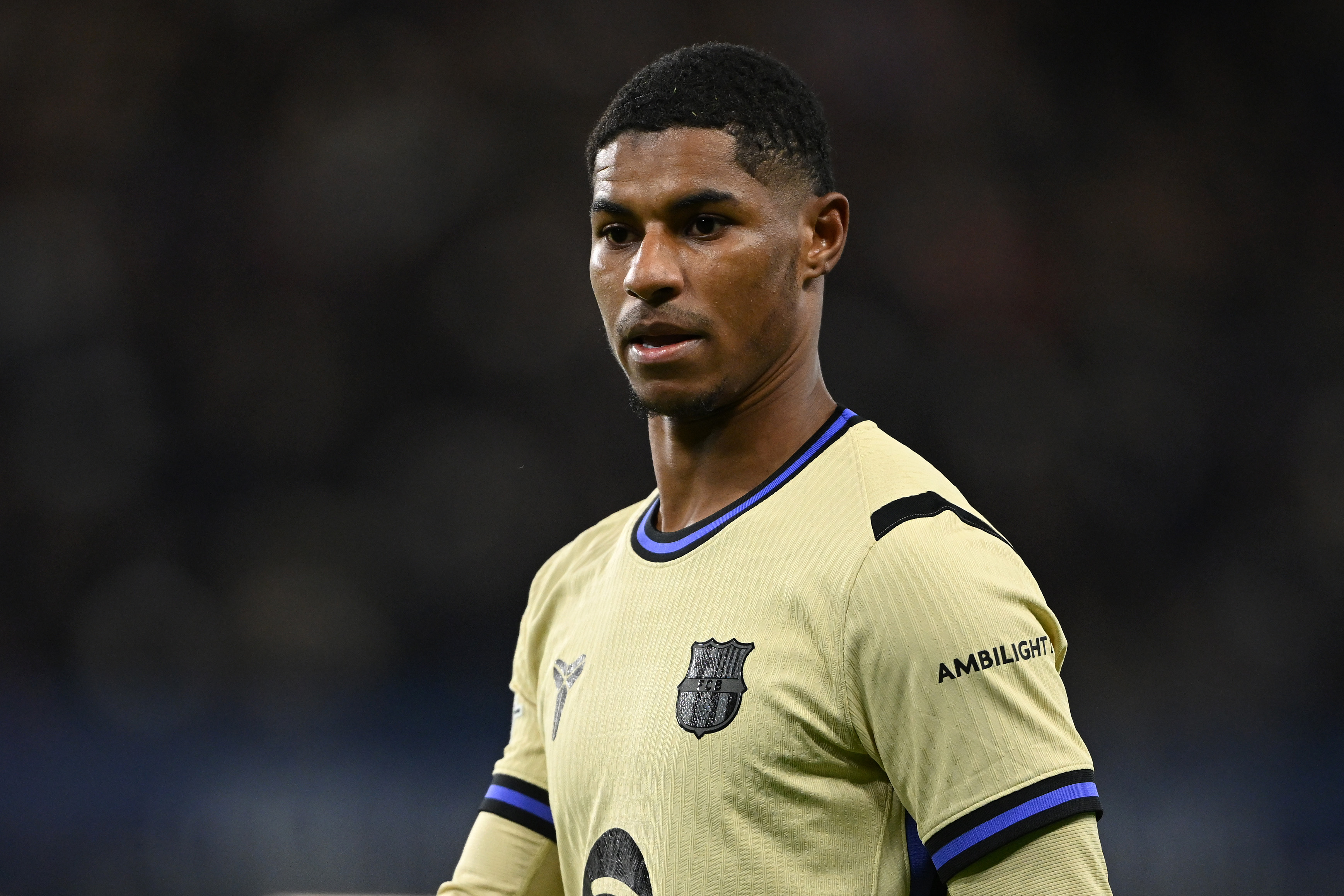 Marcus Rashford looks on while in action for Barcelona vs Chelsea.