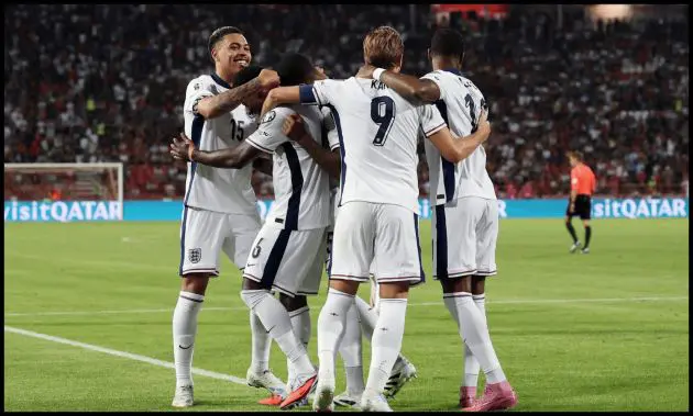 Marc Guehi celebrates scoring for England.