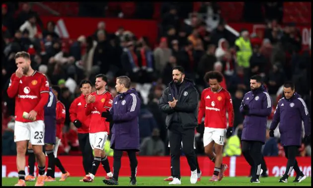 Man United players and manager Ruben Amorim look disgruntled at full-time after losing to Everton.
