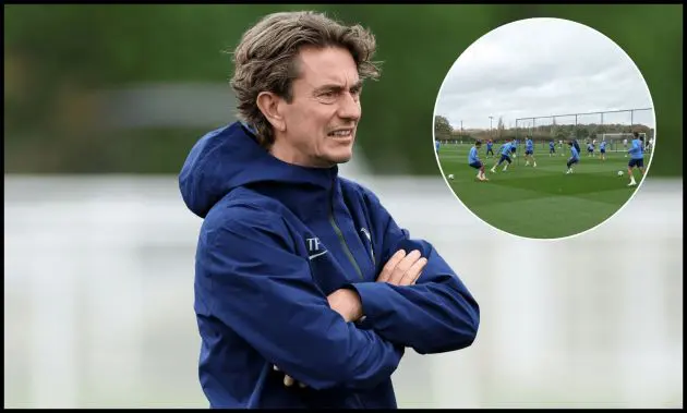 Thomas Frank conducts a training session at Tottenham’s training ground.
