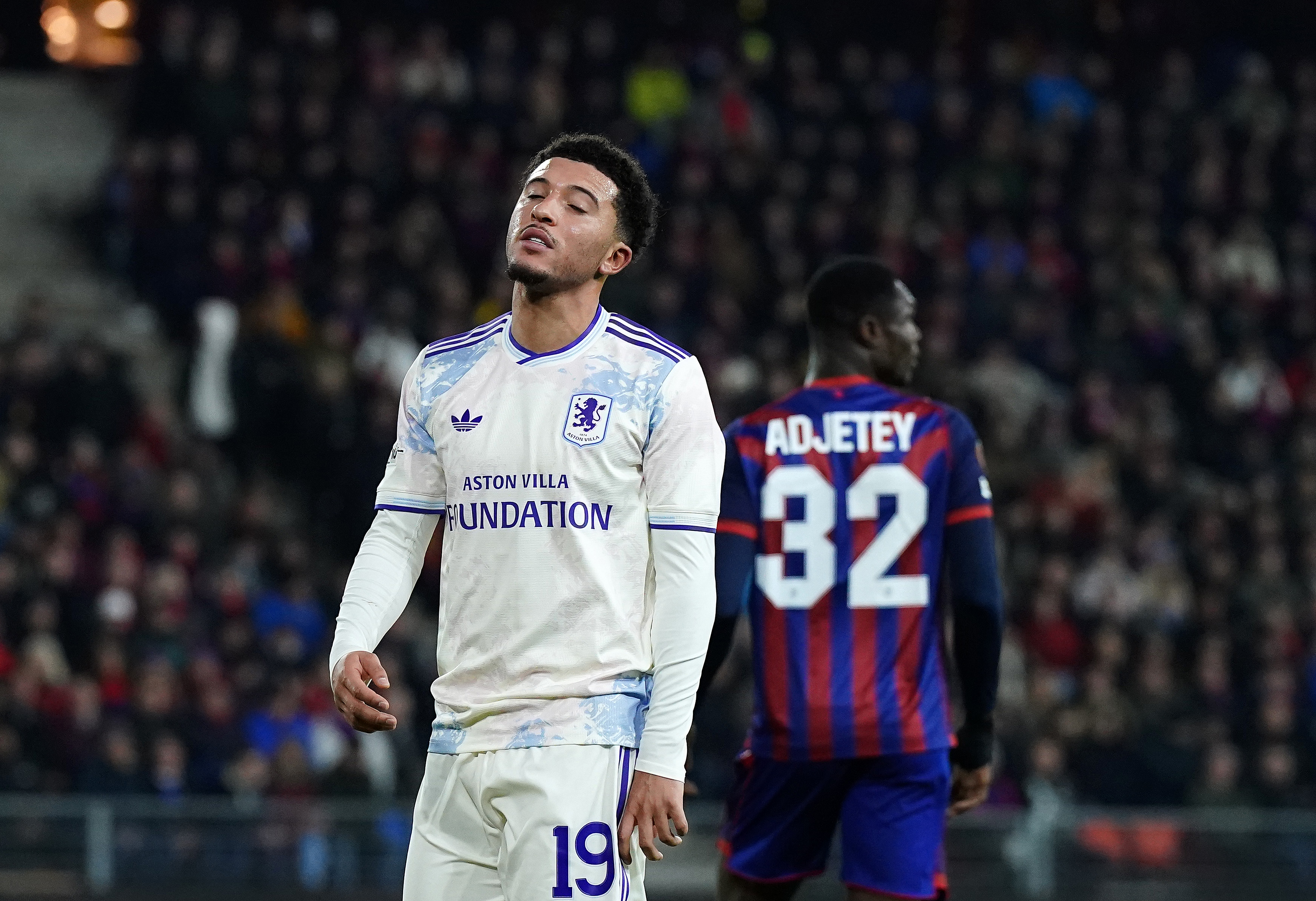 Jadon Sancho looks disappointed after missing a chance for Aston Villa.