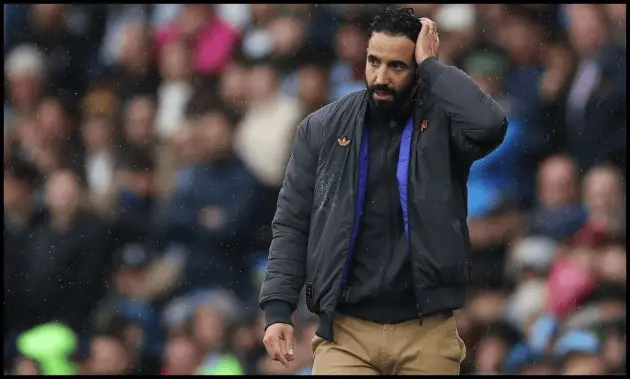 Ruben Amorim reacts on the touchline at the Etihad.