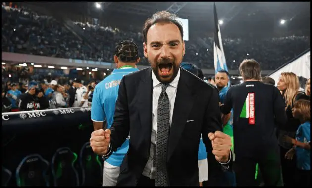 Napoli director Giovanni Manna celebrates the side’s Scudetto win.