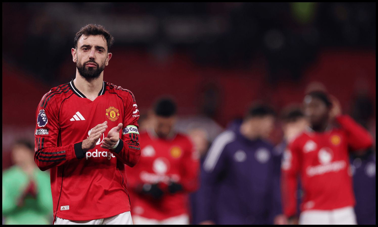 Bruno Fernandes applauds the Man United fans after the 4-4 draw with Bournemouth.