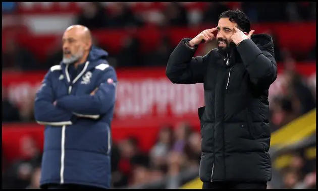 Ruben Amorim gestures to his players from the touchline.