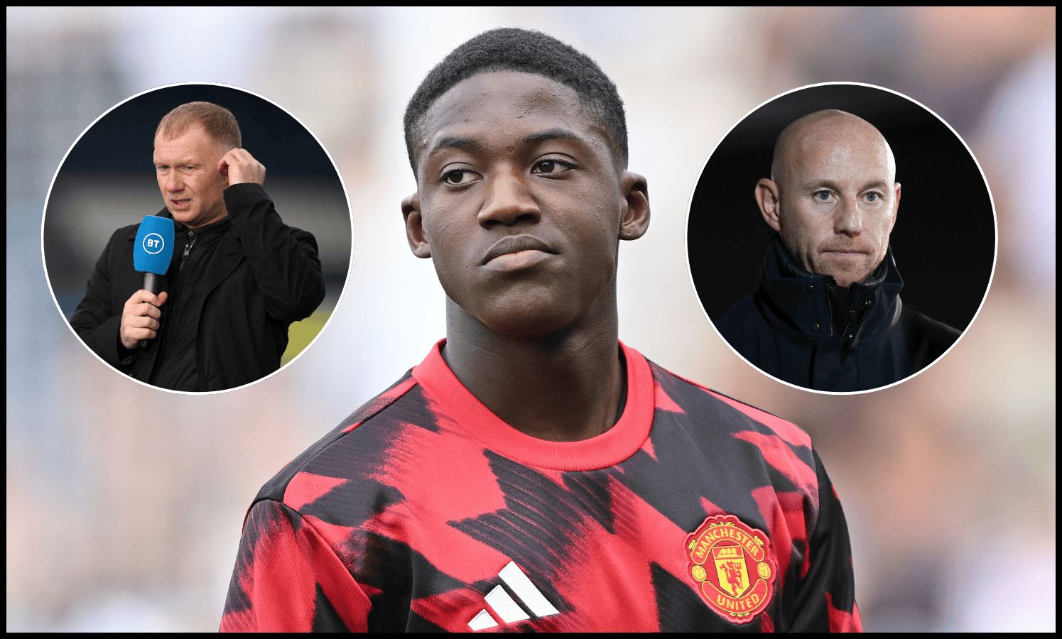 Kobbie Mainoo looks glum as he warms up for Man United.