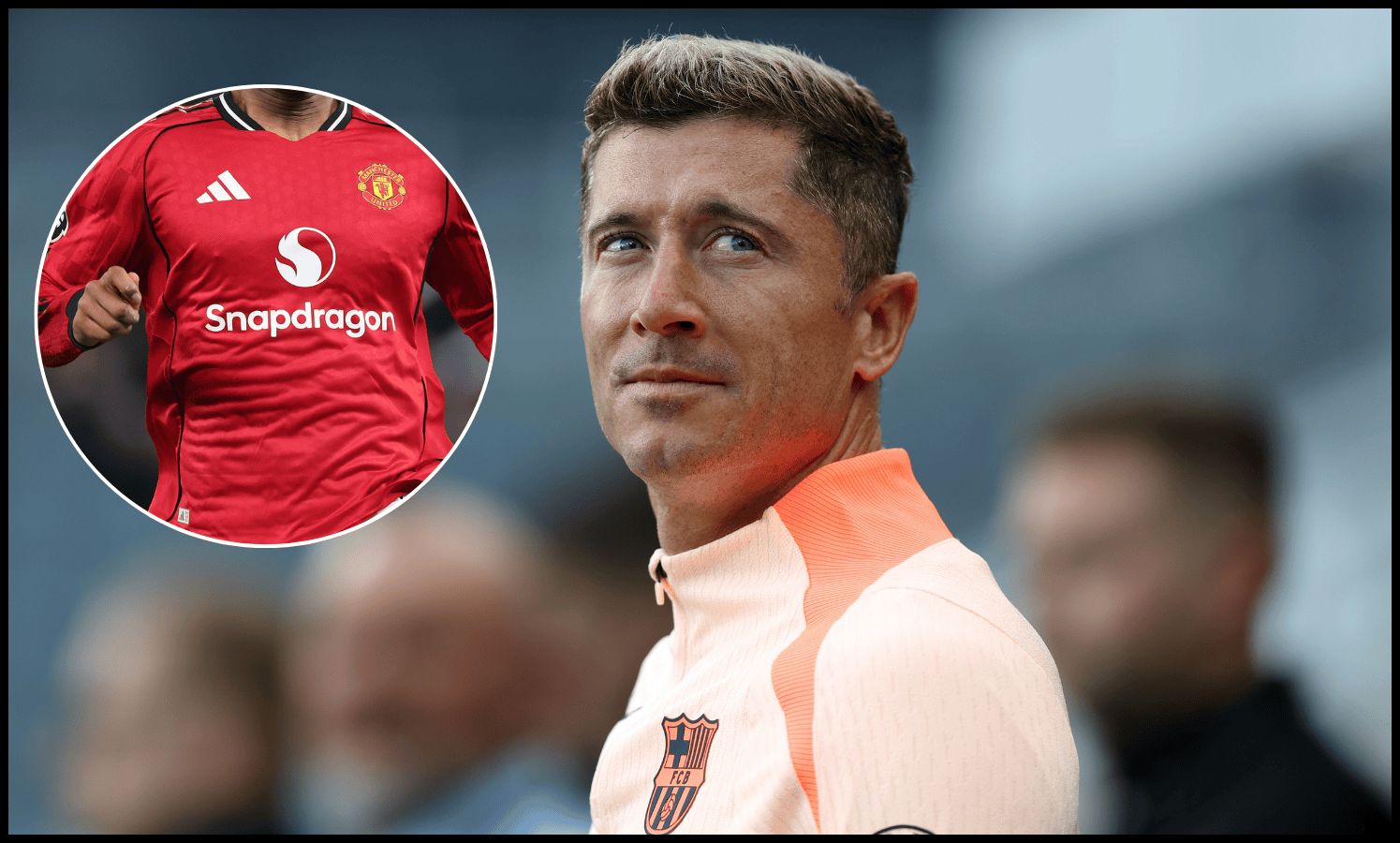 Robert Lewandowski looks on while warming up for Barcelona before kick-off.