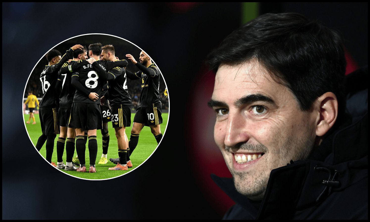 Andoni Iraola smiles from the dugout before Bournemouth face Everton.