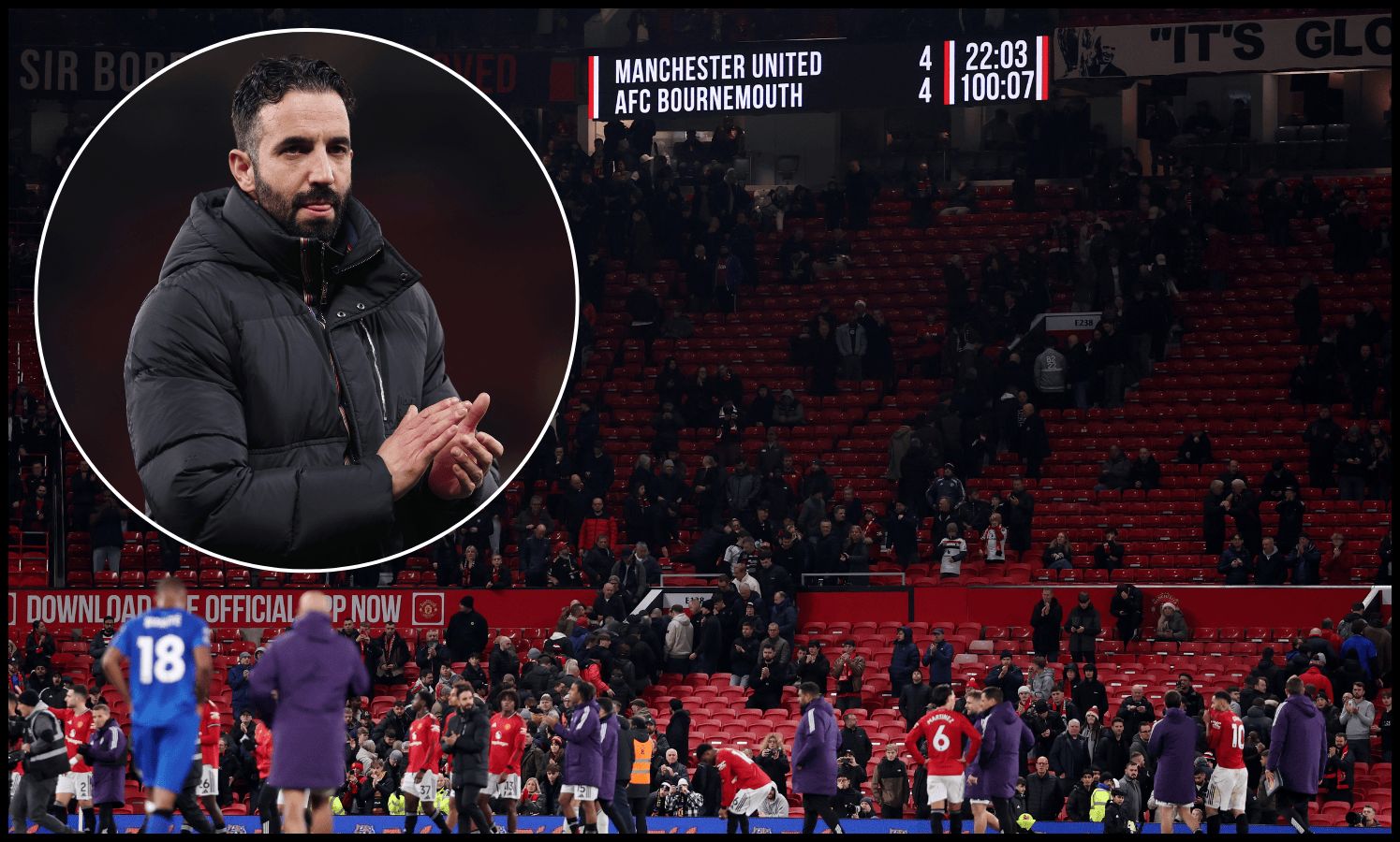 The scoreboard at Old Trafford reads: Manchester United 4-4 Bournemouth.