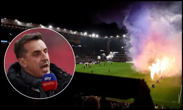 Fans hold their scarves aloft and pyrotechnics are set off as the teams line up prior to the Premier League match between Aston Villa and Manchester United at Villa Park on December 21, 2025 in Birmingham, England.