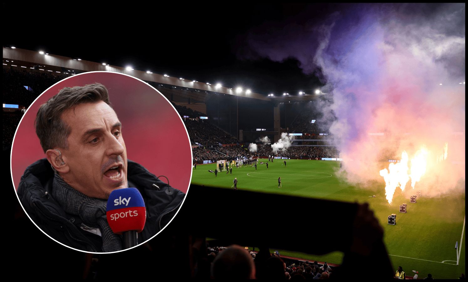 Fans hold their scarves aloft and pyrotechnics are set off as the teams line up prior to the Premier League match between Aston Villa and Manchester United at Villa Park on December 21, 2025 in Birmingham, England.