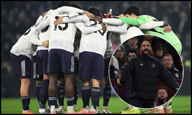 Man United players huddle ahead of kick-off at Villa Park.