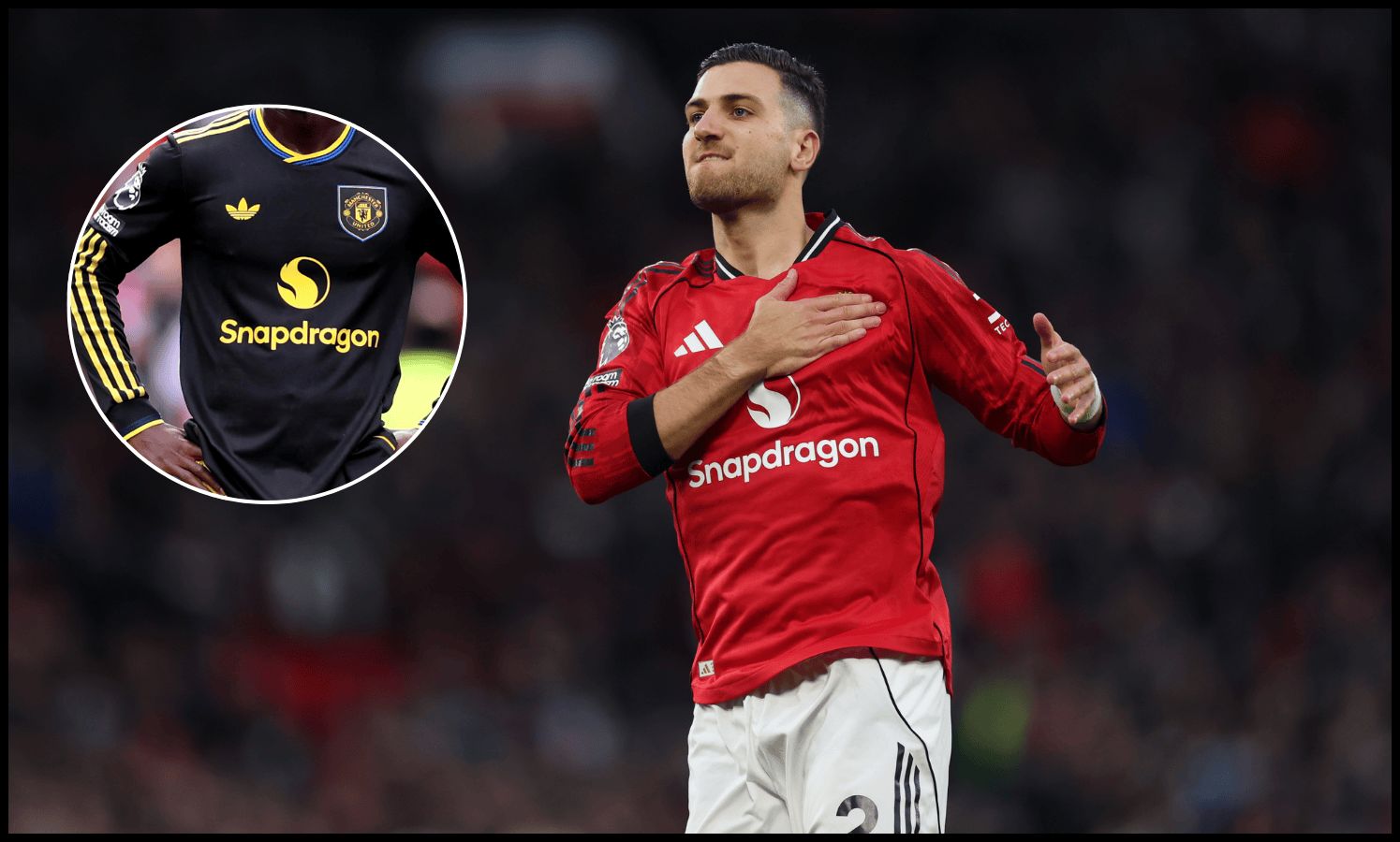 Diogo Dalot passionately taps the Man United badge.