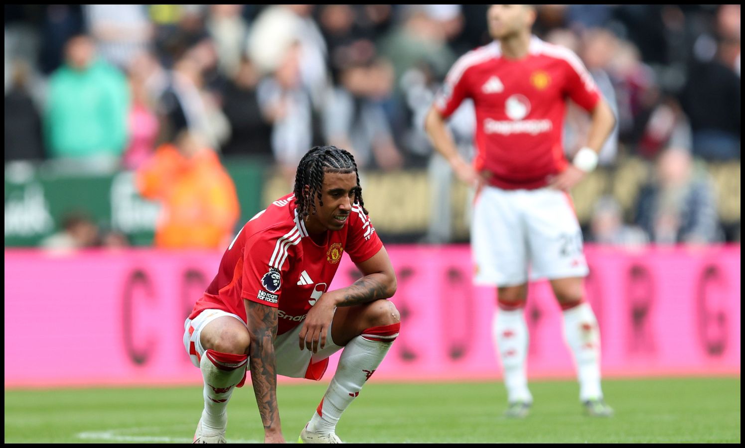 Leny Yoro disappointed during Man Utd's defeat to Newcastle in April 2025