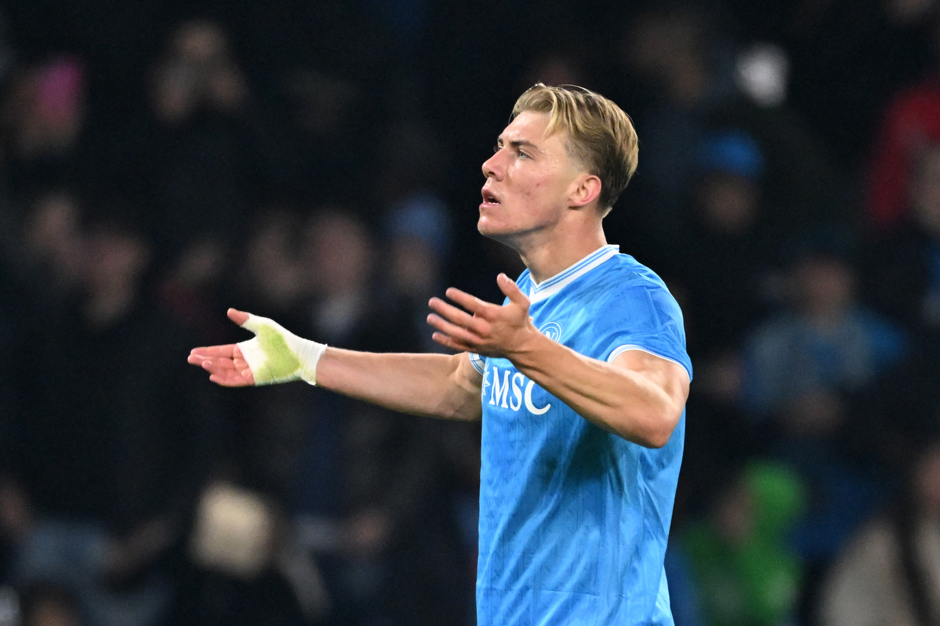 Rasmus Hojlund celebrates scoring for Napoli.