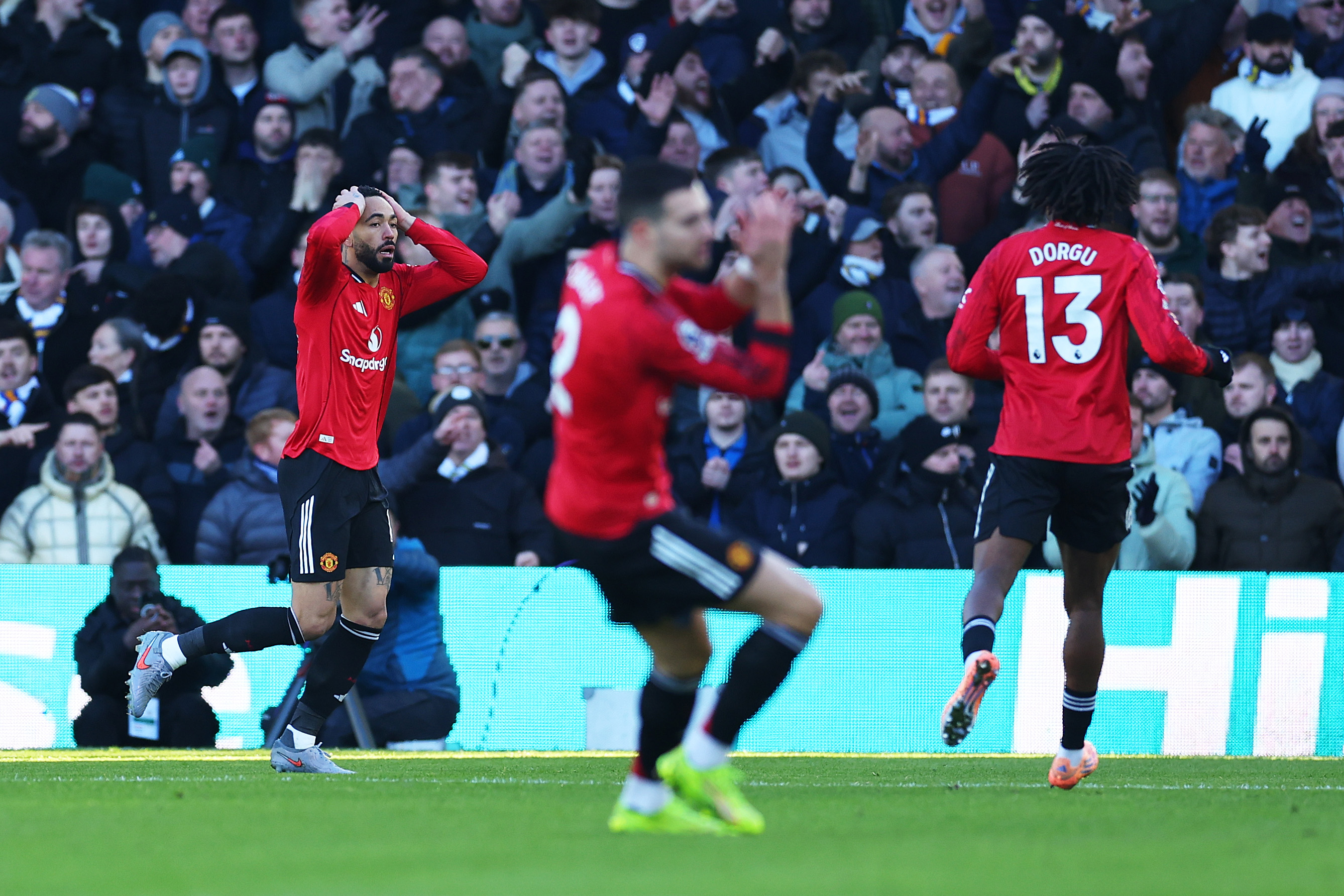 Matheus Cunha reacts after having a goal disallowed vs Leeds.