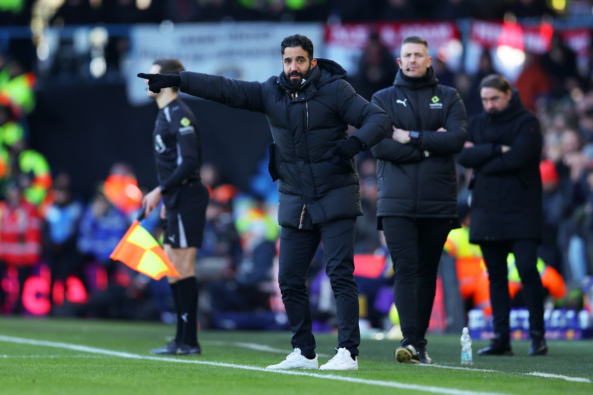Ruben Amorim gestures to his players from the touchline at Elland Road.