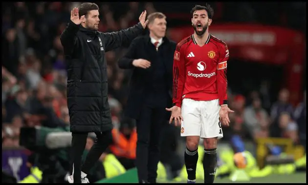 Bruno Fernandes screams at his teammates.
